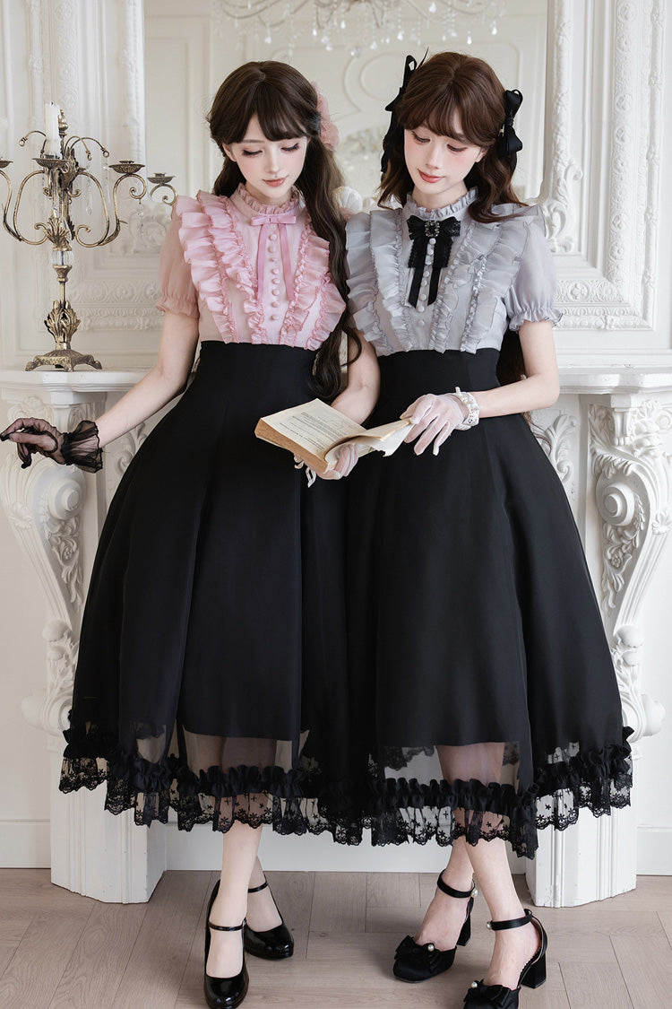 Miss Lola Snow Kiss Stand Collar Short Puff Sleeves Ruffled Color-Blocked Faux Two-Piece Sweet Lolita Long Dress 3 Colors - Black