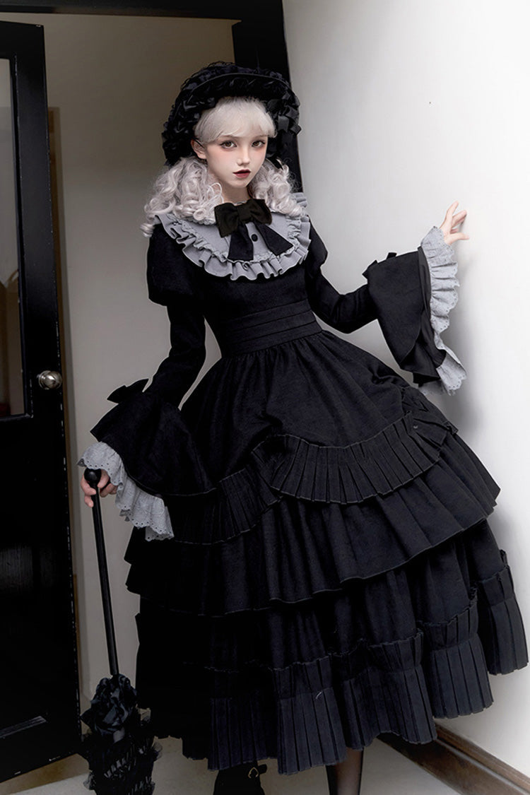 Long Hime-Sleeve Ruffled Bow Gothic Dress in Black