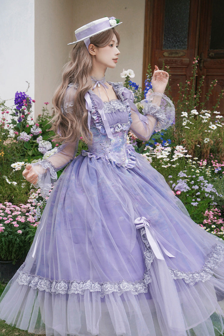 Amethyst Bow-Trimmed Lace Ruffled Long-Sleeve Gothic Dress