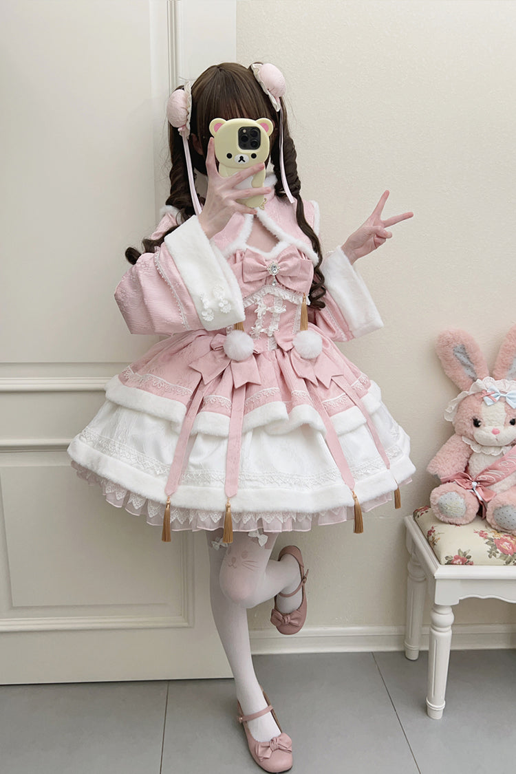 Sweet Two-Piece Dress with Ruffle Sleeves in Pink