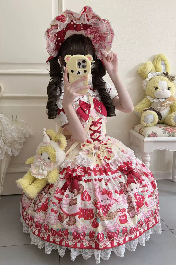 Red/Yellow Sweet Lolita JSK Dress Printed Bow Lace Lace-Up - Sweet Berry Bunny Bear