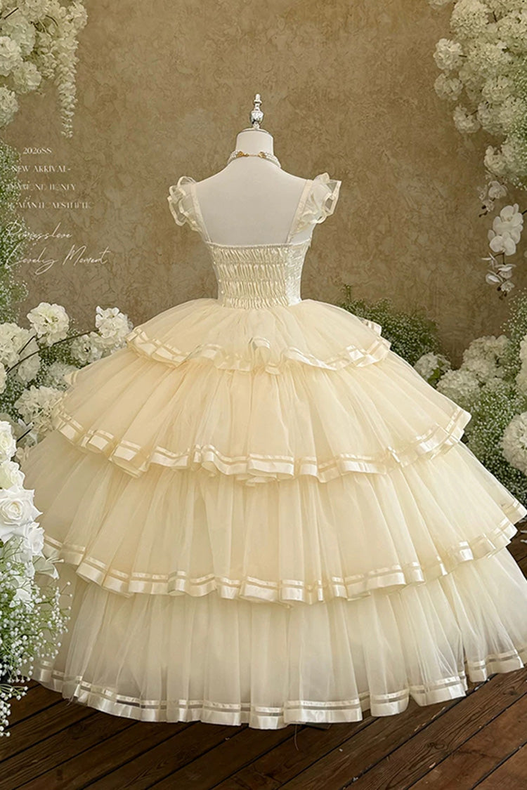 Organza Satin Sleeveless Layered Ruffled Bow Lace Sweet Lolita JSK - Apricot