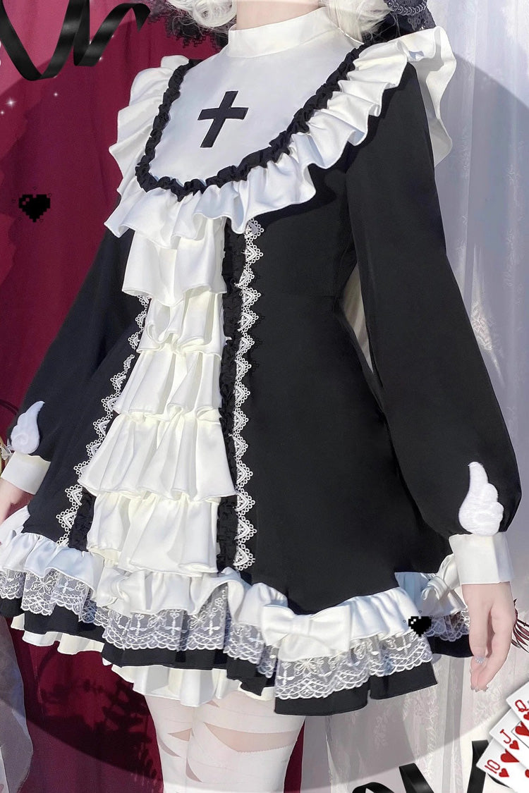 White/Black Long Sleeves Cross Print Nun Style Ruffle Multi-Layer Gothic Lolita Dress