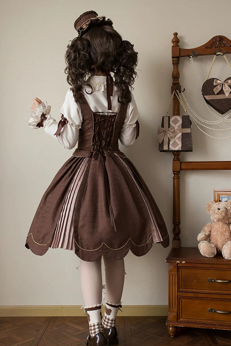 Brown Printed Embroidered Bow Lace-Up Classic JSK Dress & Skirt - Teddy Chocolate Bar