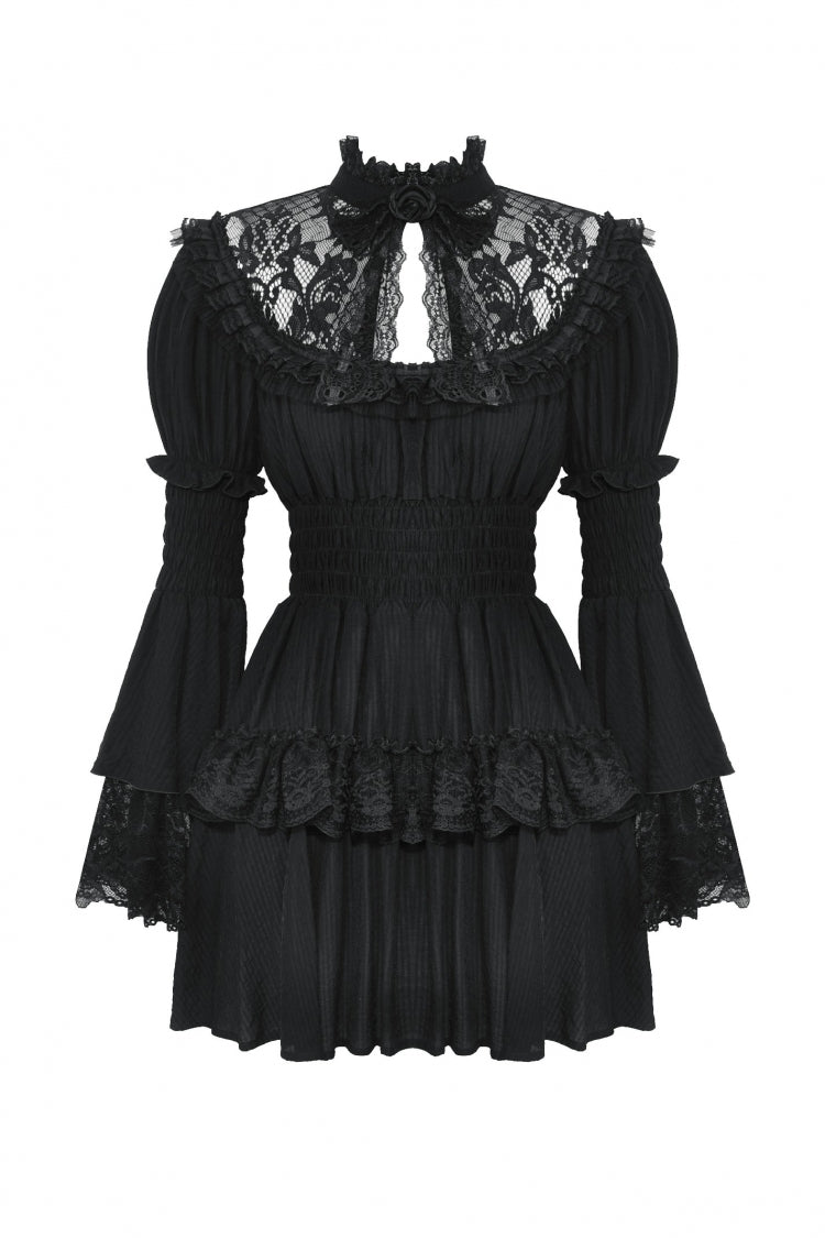 Gothic Victorian-Inspired Black Lace Ruffled High-Neck Puff-Sleeve Cutout Maxi Gown