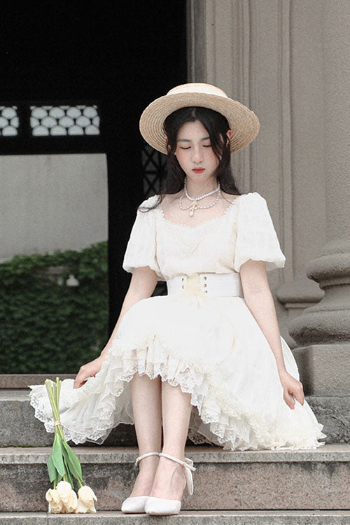 Vintage Lolita OP Dress with Tulip Collar, Lantern Sleeves, Ruffles