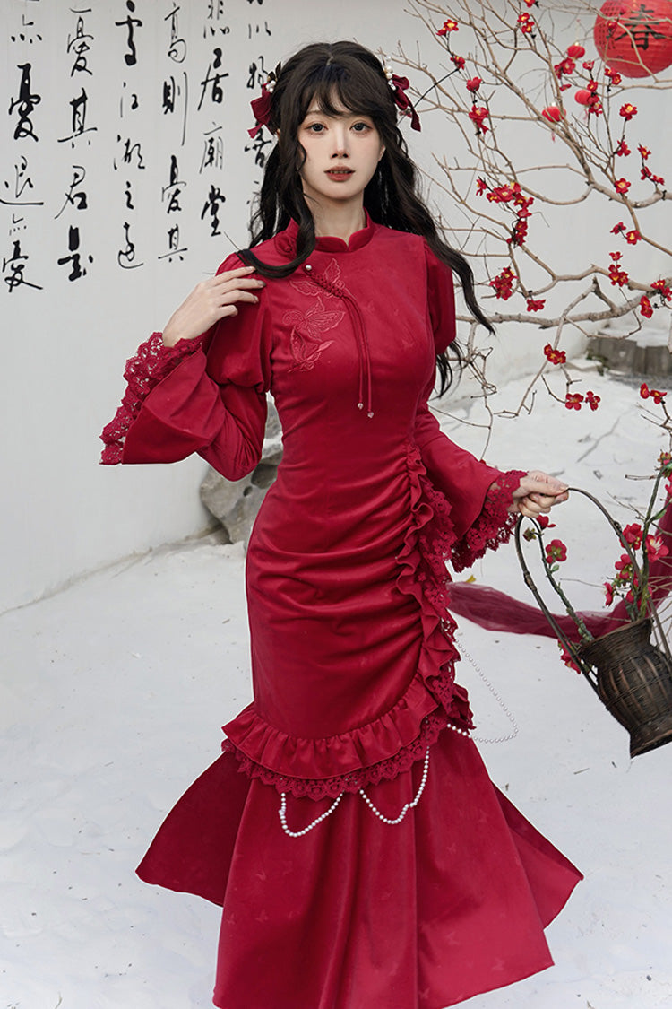 Scarlet Embroidered Lace Bow Classic Chinese Elegant Lolita Dress