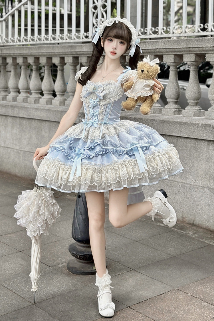 Dreaming Butterfly Blue Multi-Layered Jacquard Ruffle Bowknot Lace Sweet Princess JSK Dress