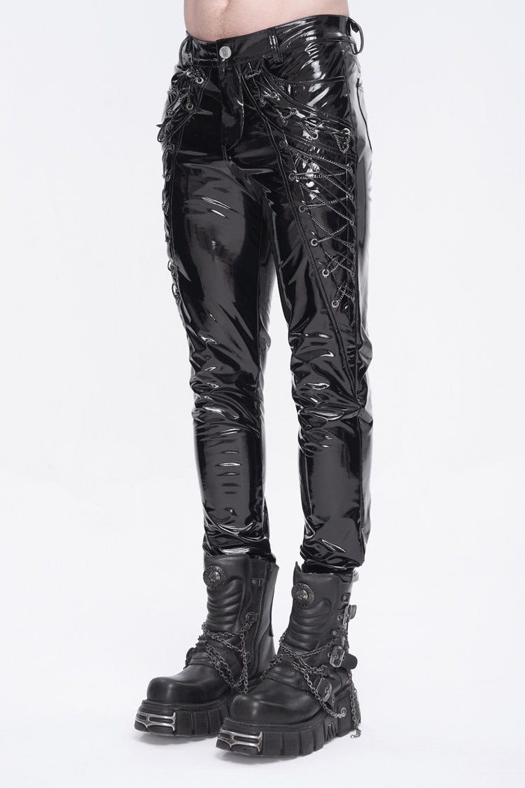 Punk Patent Faux Leather Lace-Up Trousers for Men