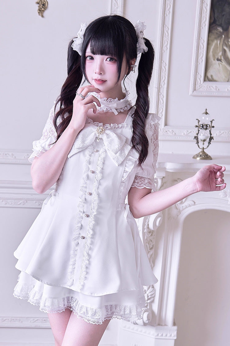 Ivory Ruffle Bowknot Jirai Kei Dress Set with Short Sleeves - Waltz