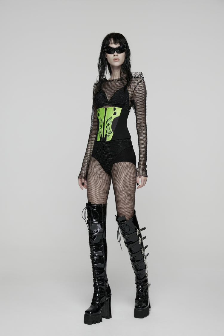 Lace-Up Slim Mesh Color-Blocked Zippered Corset - Punk