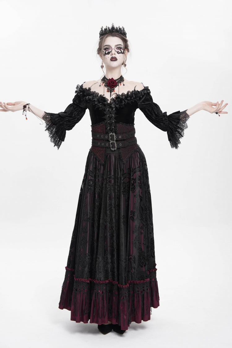 Scarlet Jacquard Embroidered Long Gothic Skirt with Buckle and Tassels