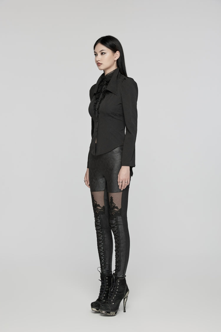 Jet-Black Gothic Blouse with Puffed Sleeves and Stitched Lace for Women