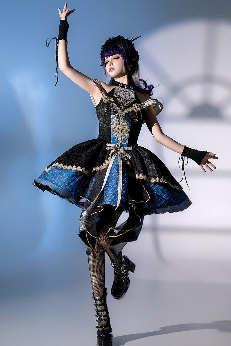Black Blue Universe Off Shoulder Halterneck Sleeveless Embroidered Cardigan Gothic Princess Dress