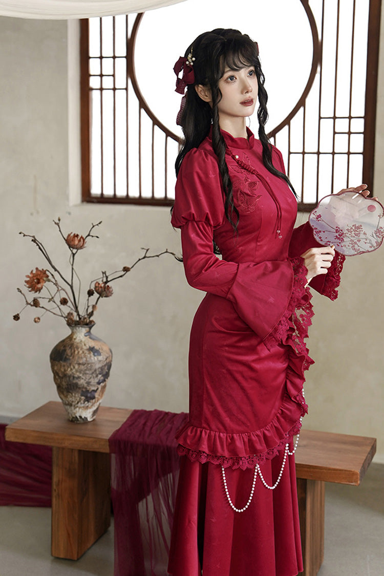 Scarlet Embroidered Lace Bow Classic Chinese Elegant Lolita Dress