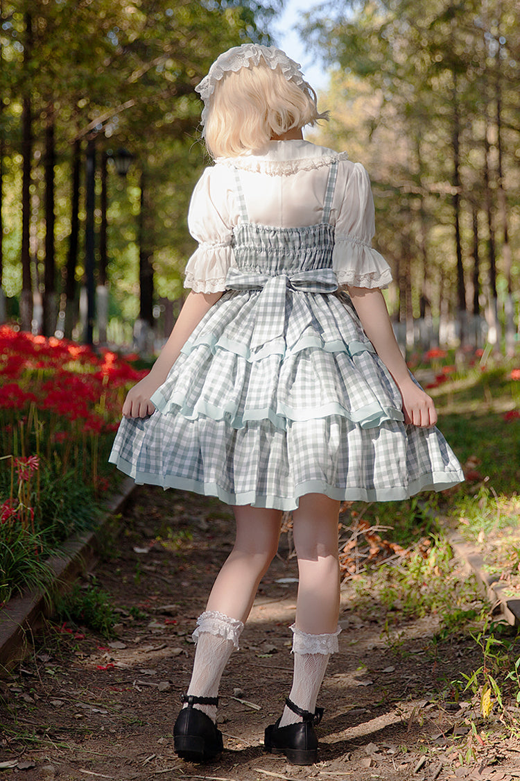 Blue Triple-Layered Plaid Ruffle Bow Sweet Lolita Dress