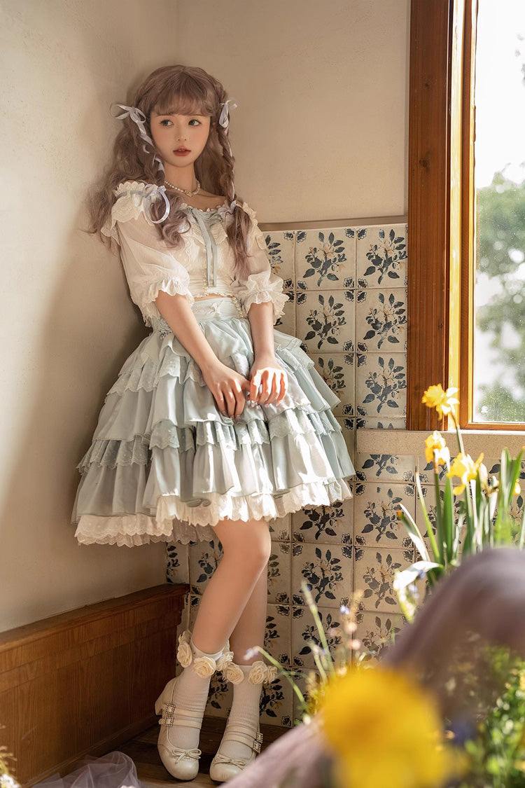 White/Blue Floral Ruffle Lolita Skirt Set - Sweet Lolita
