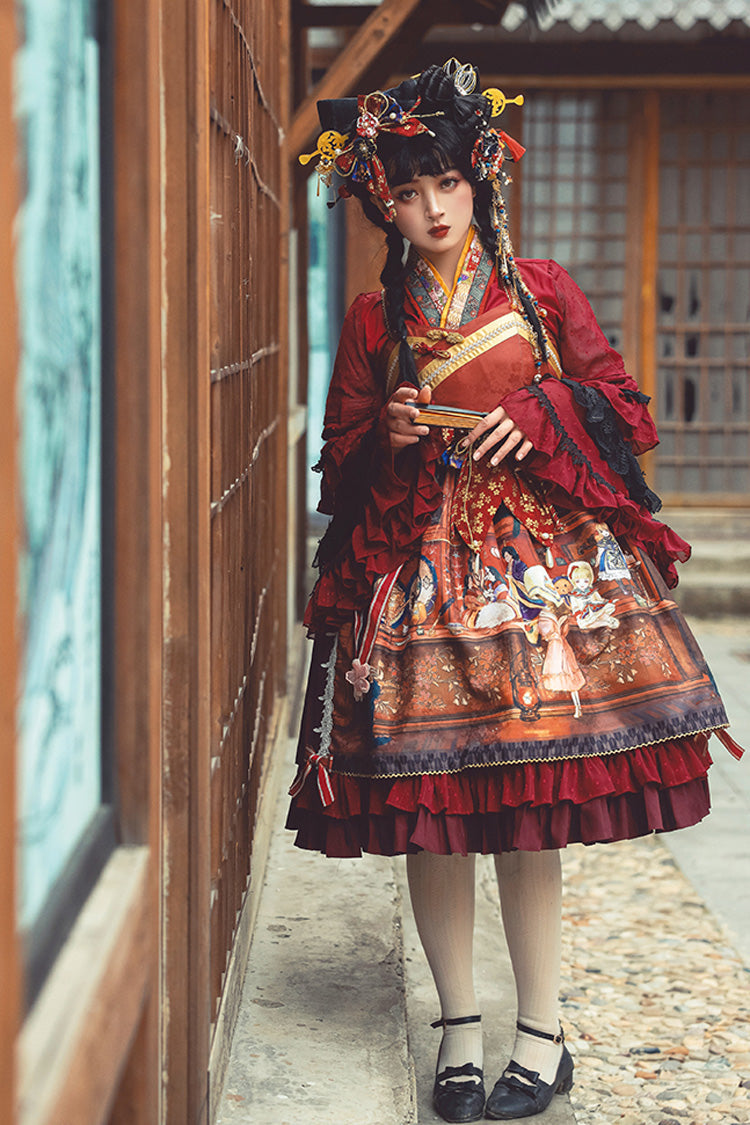 Multi-Color Nightmare Print Japanese Bow Ruffle Jsk Dress