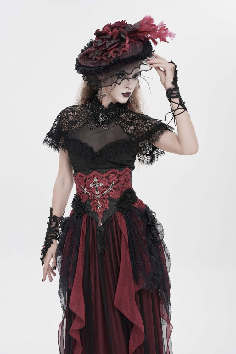 Crimson & Noir Embroidered Rose Underbust Corset with Lace Accents