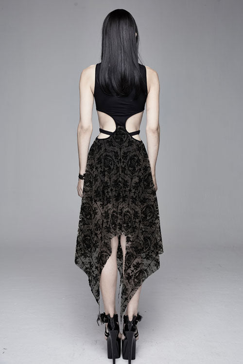 Semilucent Queen Cross Flocked Mesh Sleeveless Gothic Dress