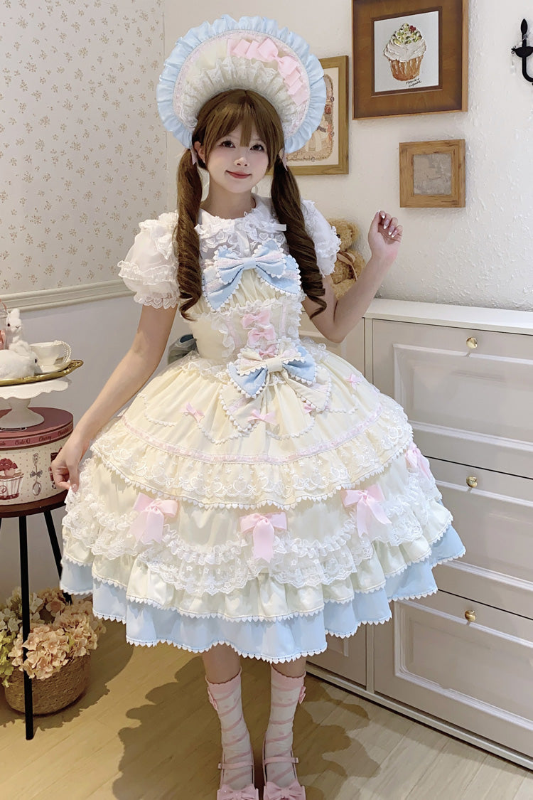 Yellow Blue Fondant Cake Sleeveless Layered Ruffle Bow Lace Sweet Jsk Dress