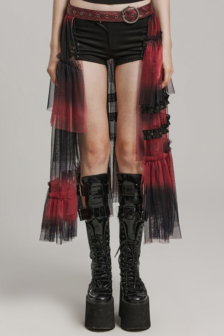 Steampunk Mesh Buckle Long Overskirt with Ruffles - Three Colors