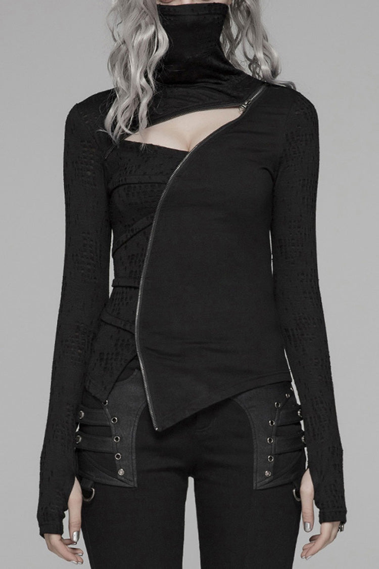 Jet-Black Knit Tee with Pleated Cutouts and Slit Hem for Women