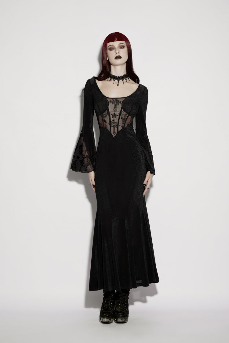 Black Round Collar Long Trumpet Sleeve Spliced Lace Lace-Up Mesh Eyelet Gothic Dress