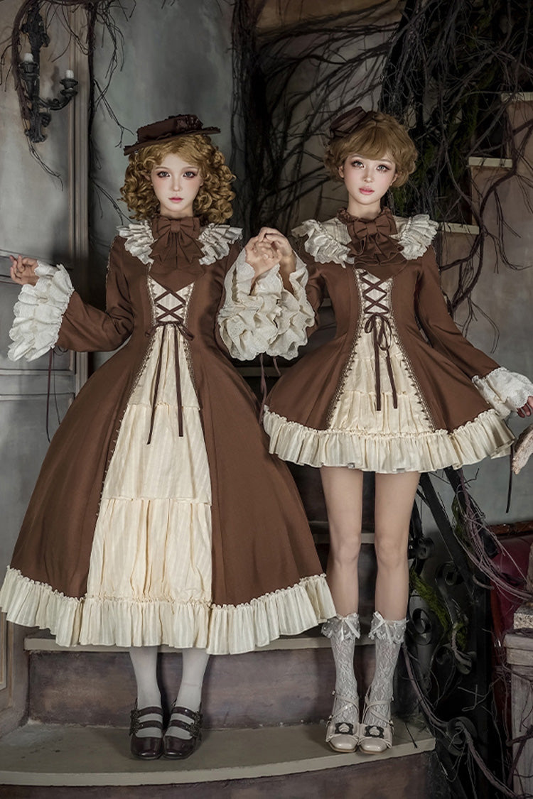 Brown Beige Nutcracker Stand Collar Long Trumpet Sleeves Ruffle Cardigan Lace-Up Sweet Lolita Dress Set