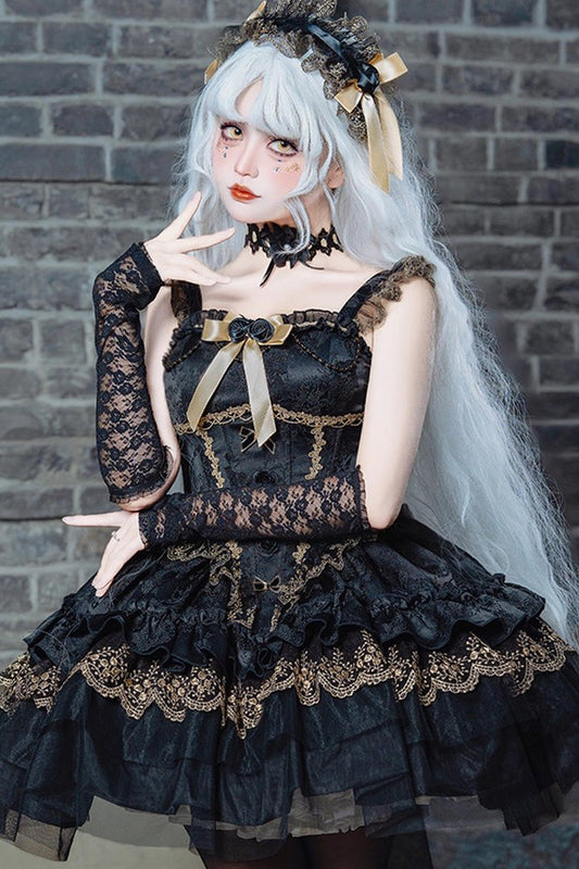 Sleeveless Multi-Layered Ruffle Bow Lace Gothic Ballet Jsk Dress