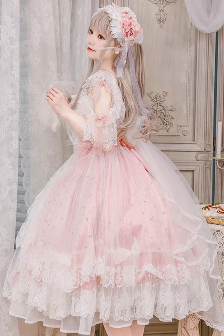 Glazed Phantom Off Shoulder Ruffle Hanayome Bow Lace Elegant Lolita Dress in Pink