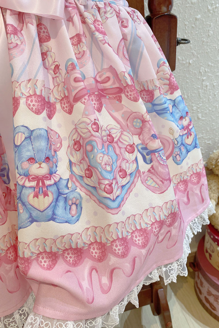 Milky Berry Bear Printed Pink Bow Stitching Lace Sweet Lolita Strap Dress - Miss Brown