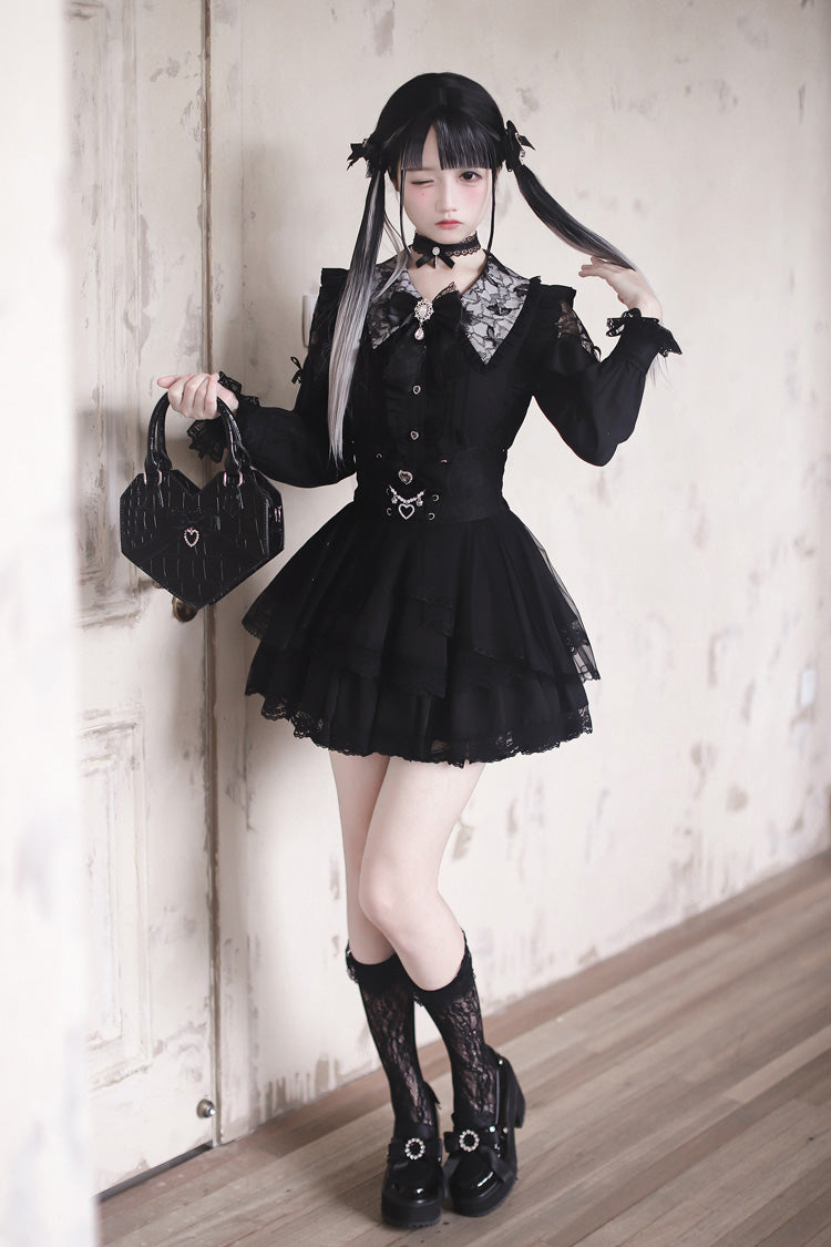 Midnight Lapel Long-Sleeve Layered Ruffled Skirt Set - Dreamy Love Ballad