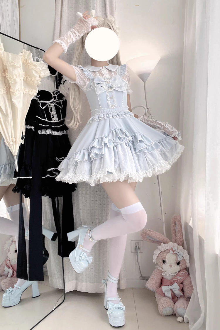 Light Blue Double-Layer Ruffle Bow Lace Sweet Jirai Kei Dress Set