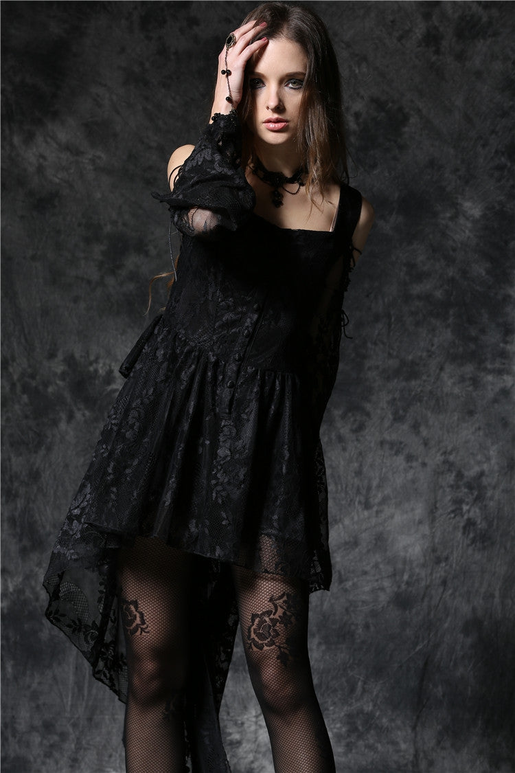 Square Collar Long Sleeves Overlay Embroidered Lace Gothic Dress