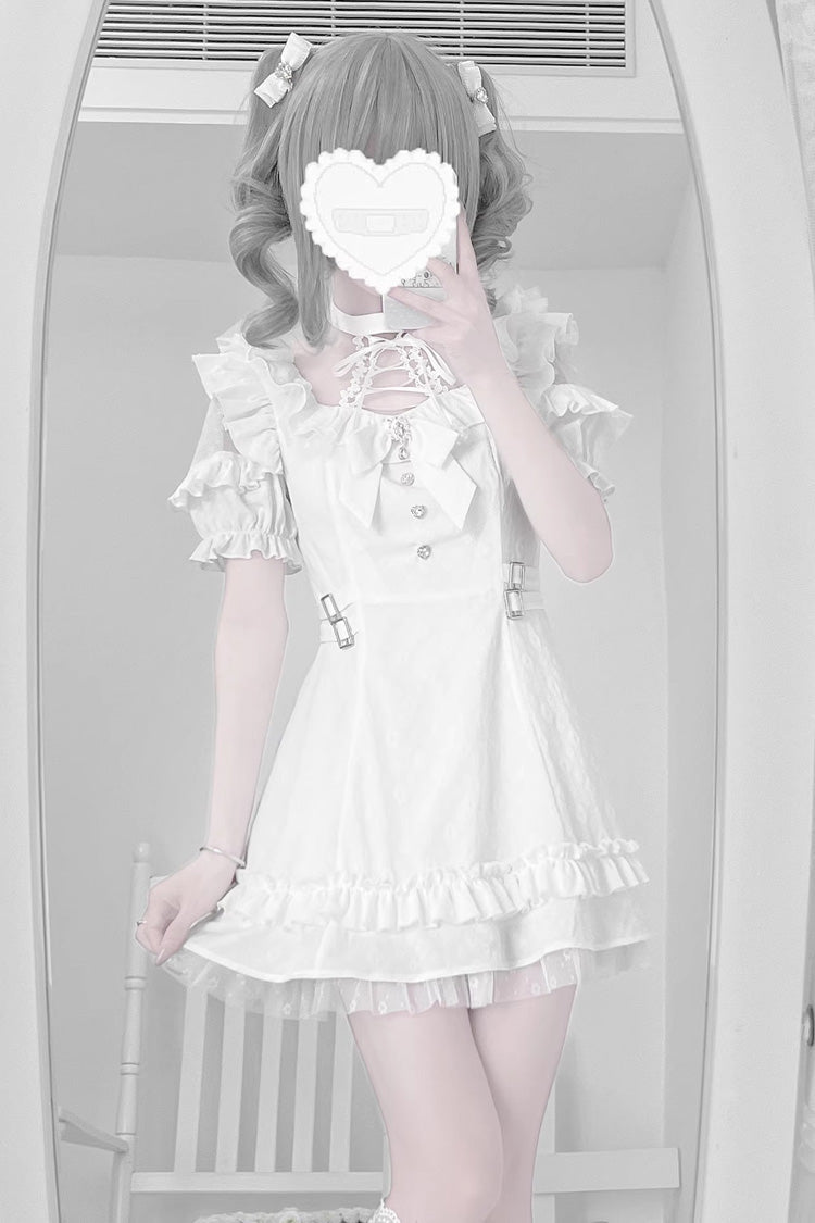 Black/White Halterneck Short Sleeve Ruffle Bow Lace Jirai Kei Dress 2 Colors