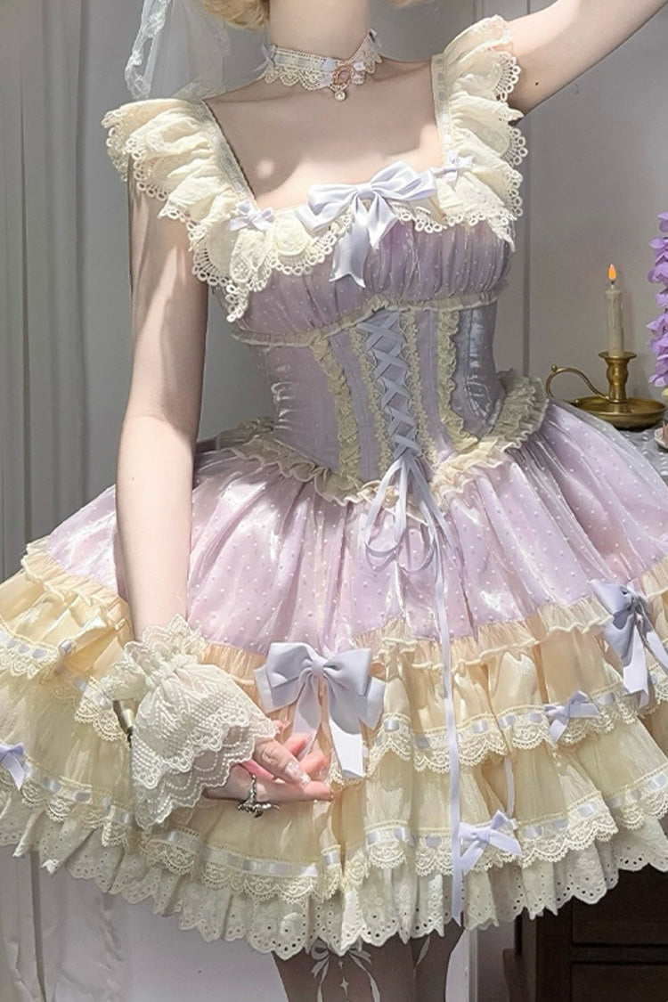 Flory Butterfly Violet Double-Layered Ruffle Bowknot Lace-Up Ballet Lolita JSK - Flory Butterfly