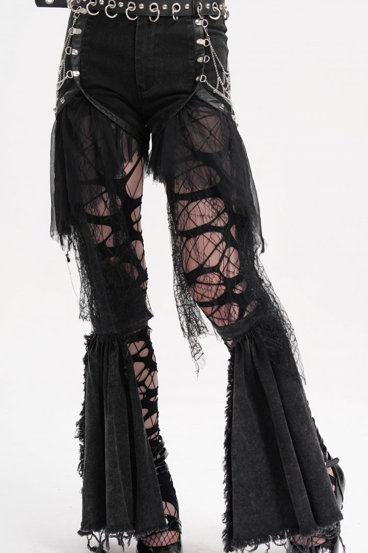 Gothic Shorts with Ripped Mesh Hem and Chain for Women