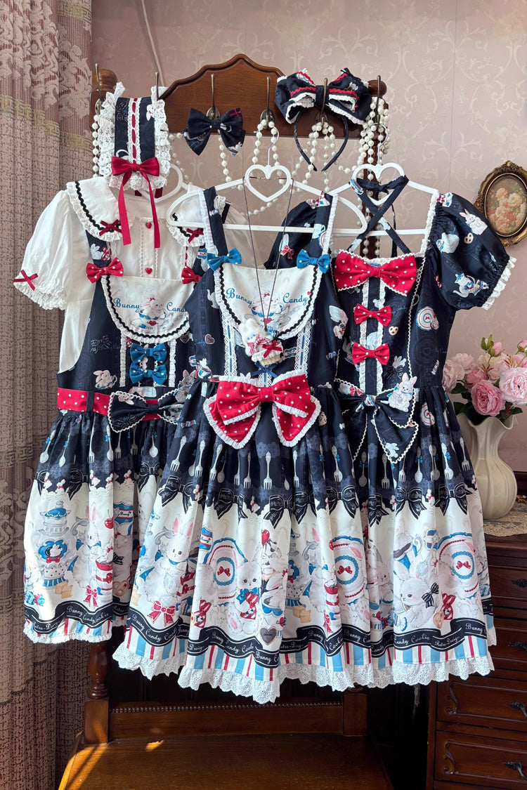 Sleeveless Print Ruffle Bowknot Lace Sweet Lolita Jsk Dress Black