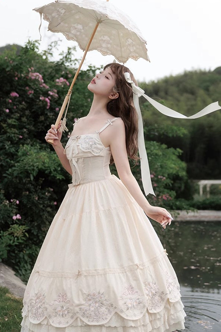 Apricot Princess Lolita JSK Dress with Triple-Layer Ruffles Embroidery Bowknot and Lace