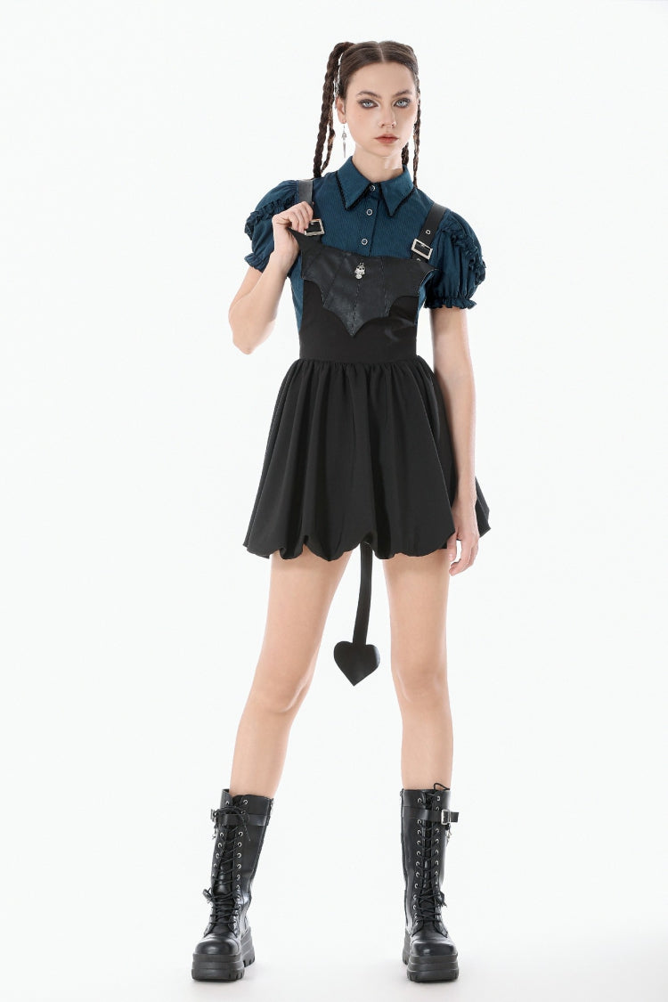 Bat Wing Buckled Gothic Suspender Dress Graduation Dress with Tail