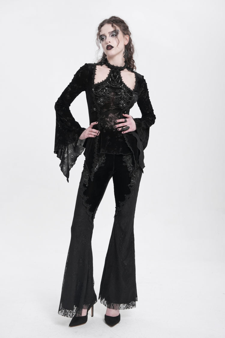 Graceful Black Jacquard Embroidered Trumpet Sleeve Halter Gothic Blouse