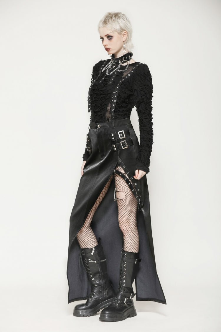 Coal Leather Skirt with Buckle Accents and Side Slit