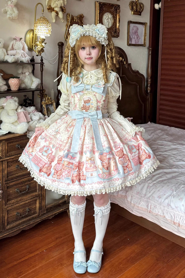 Bear Anniversary Celebration Sleeveless Printed Ruffled Bow Sweet Lolita Jumper Dress Two Colors