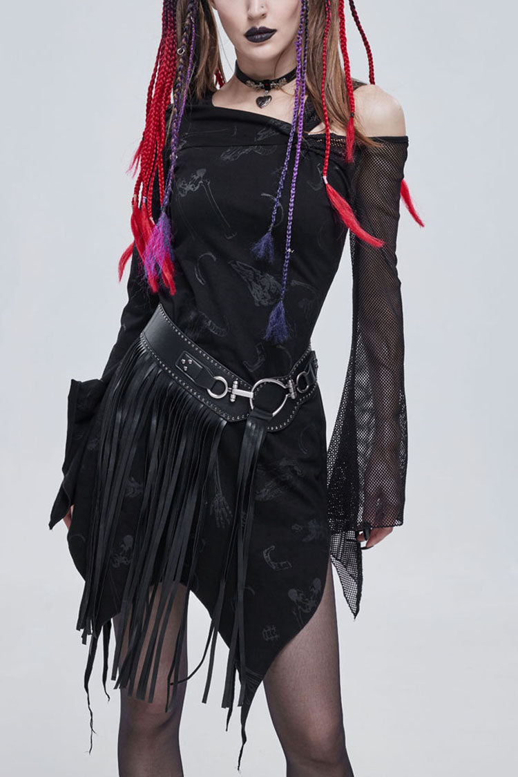 Off-Shoulder Graphic Print Asymmetric Mesh Gothic Dress