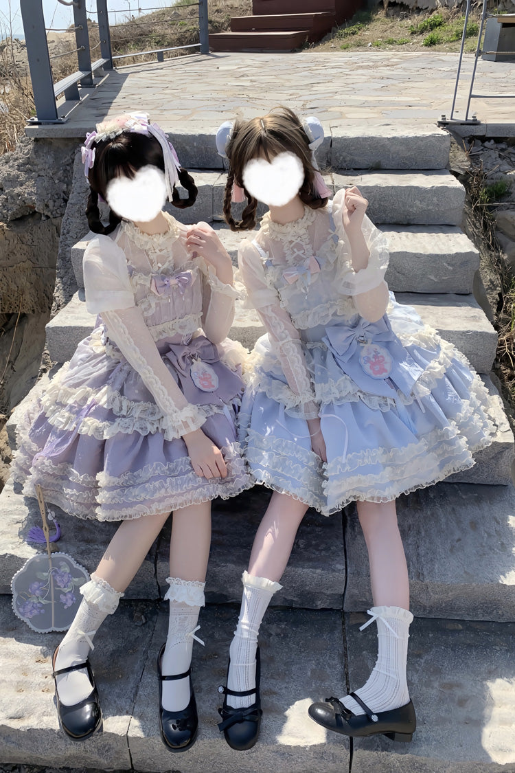 Good Night Peach Sleeveless Multi-Tiered Ruffled Bow Lace Sweet Chinese Style Lolita Jumper Dress Three Colors