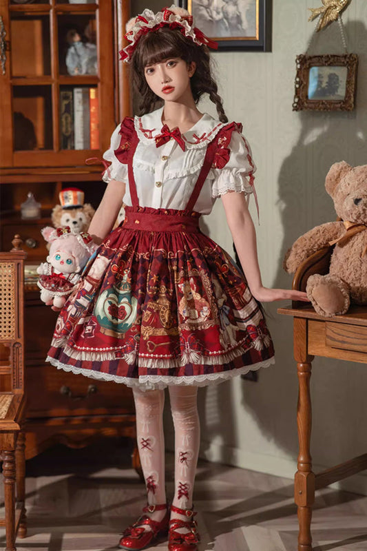 Red Print Ruffle Bow Sweet Lolita Skirt
