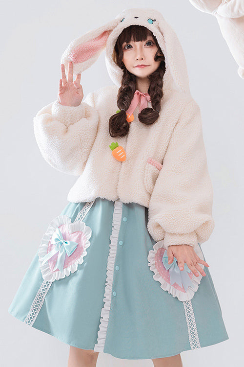 Cobalt Rabbit Lapel Lantern Sleeve Love-Embroidered Sweet Lolita Dress