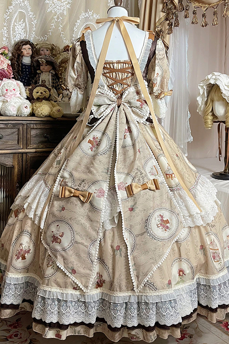 Baker Street Tea Party Short Sleeve High Waist Print Ruffle Embroidery Cardigan Bow Lace-Up Vintage Princess