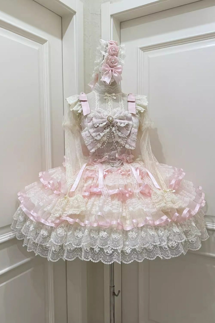 Pink Rose Feather Waltz Sleeveless Triple-Layer Ruffle Bow Lace Ballet Lolita Jumper